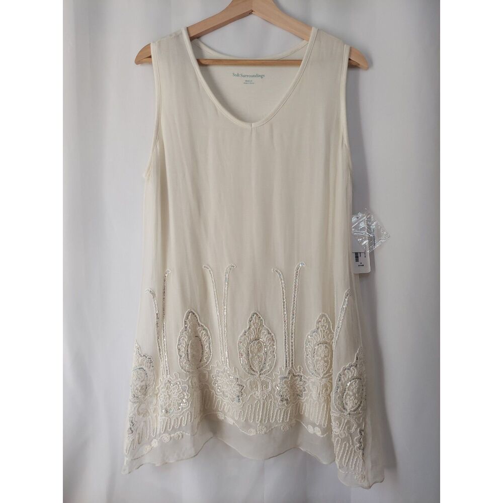 NEW Soft Surroundings Silk Boho Chic Tunic Embellished Embroidered Sequins Cream